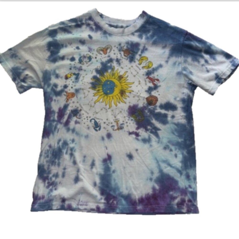 Women's Large Chemistry Tie-Dye Zodiac Graphic Tee - Blue Purple Celestial